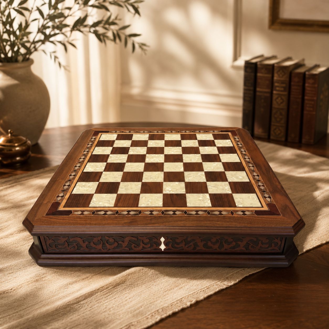 Chess Board With Rotating  Drawer Complete With Chess Pieces