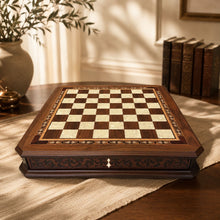 Chess Board With Rotating  Drawer Complete With Chess Pieces