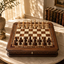 Chess Board With Rotating  Drawer Complete With Chess Pieces