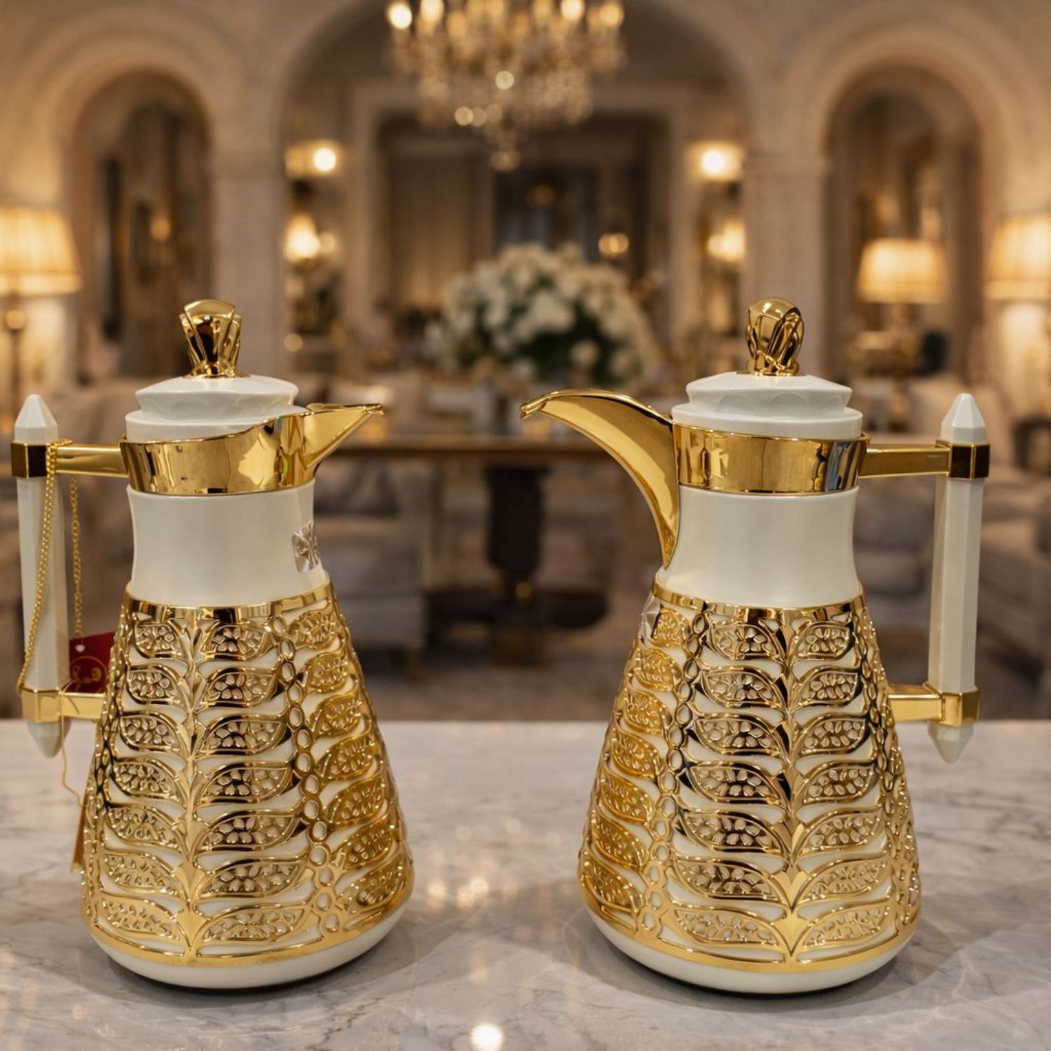 White/Gold Luxury Thermos Flask Set – Arabic Coffee & Tea Server (2-Piece)