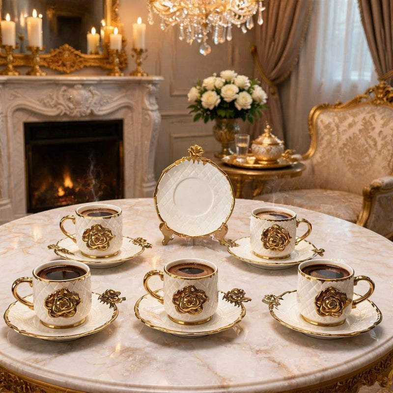 Luxury White & Gold Rose Teacup and Saucer Set – Scalloped Edge