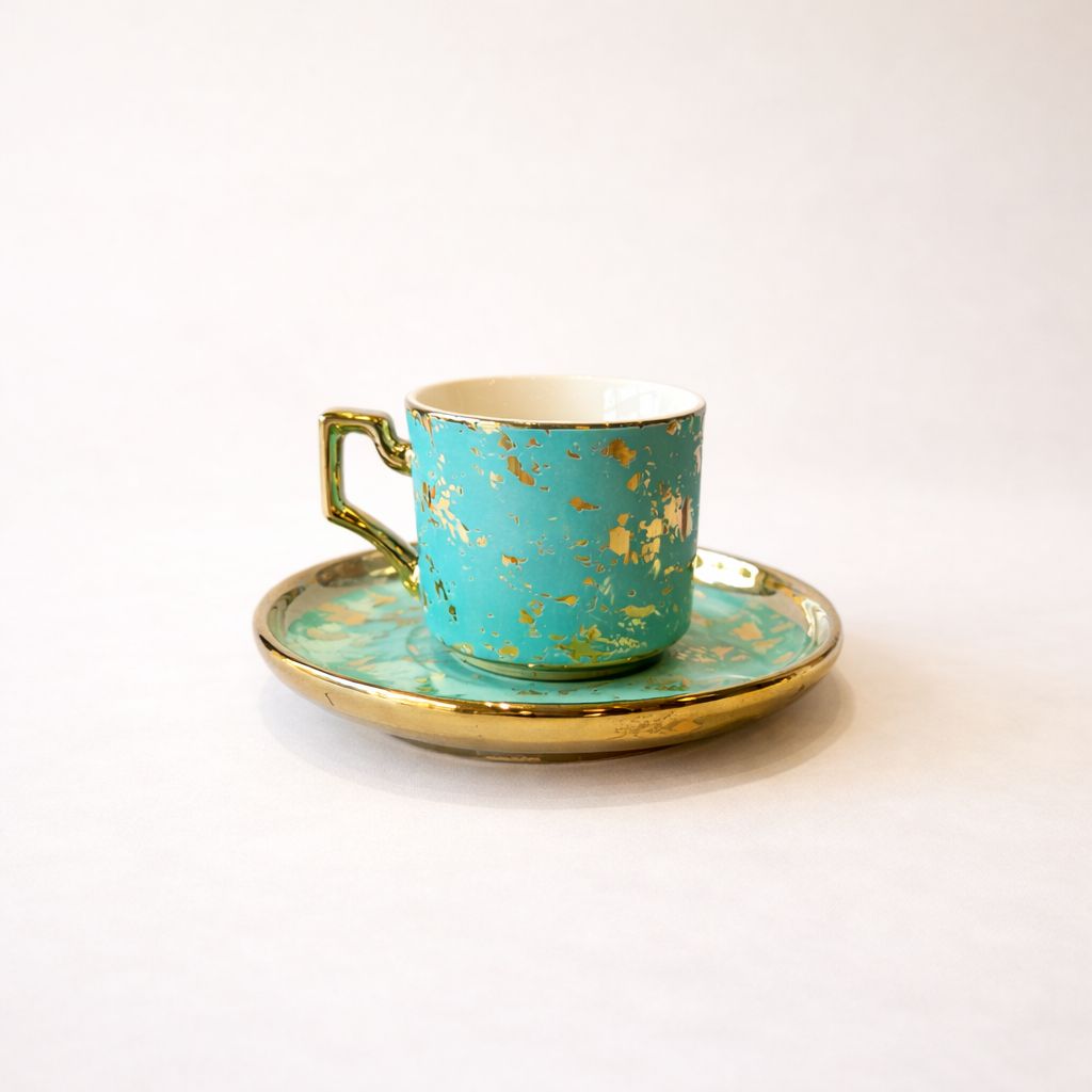 Luxury Turquoise & Gold Coffee Cup and Saucer Set – Modern Abstract Design