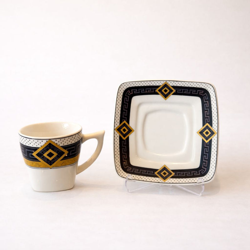 Luxury Black, White & Gold Coffee Cup and Saucer Set – Geometric Design