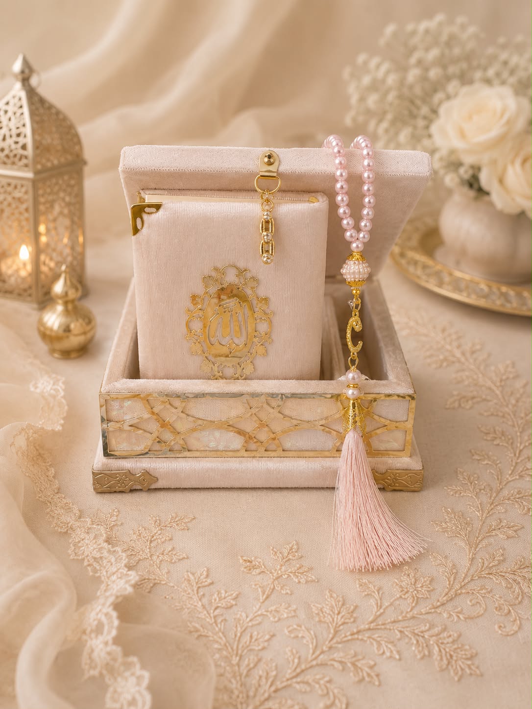 Cushioned Velvet Quran Box Set 9 x 12cm (Quran,Beads)