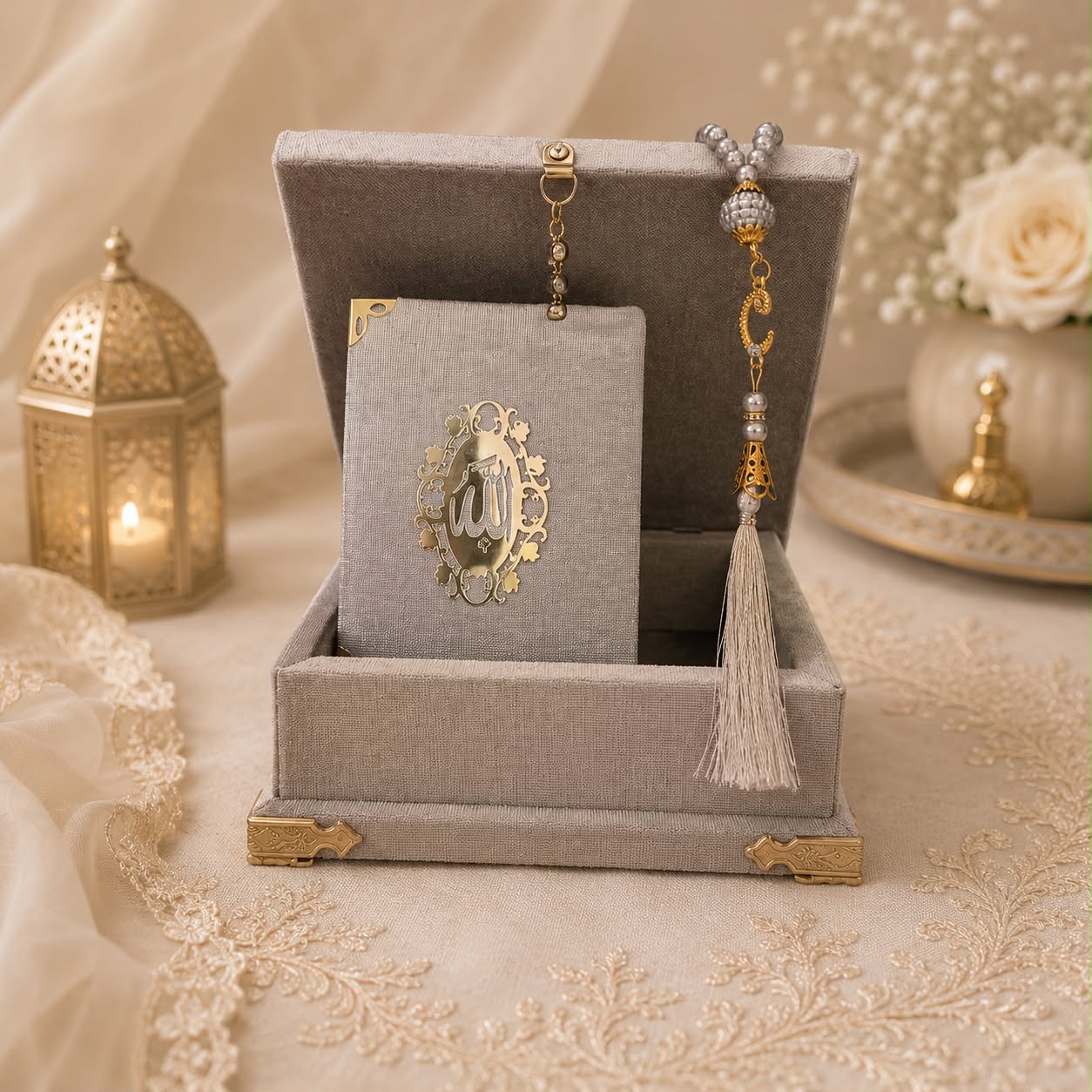 Cushioned Velvet Quran Box Set 9 x 12cm (Quran,Beads)