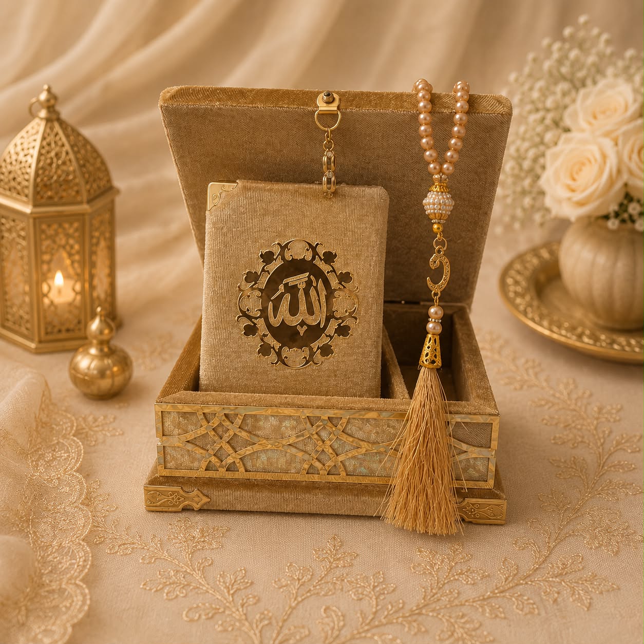 Cushioned Velvet Quran Box Set 9 x 12cm (Quran,Beads)