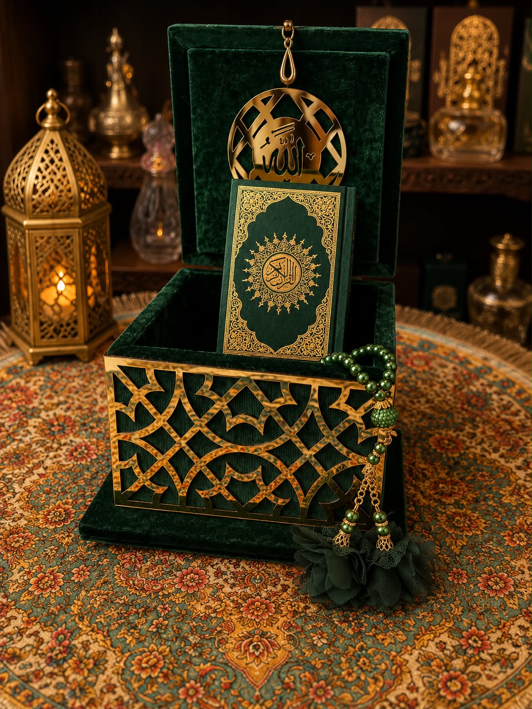 Small Velvet Quran Box Set 9 x 12cm (Quran,Beads)