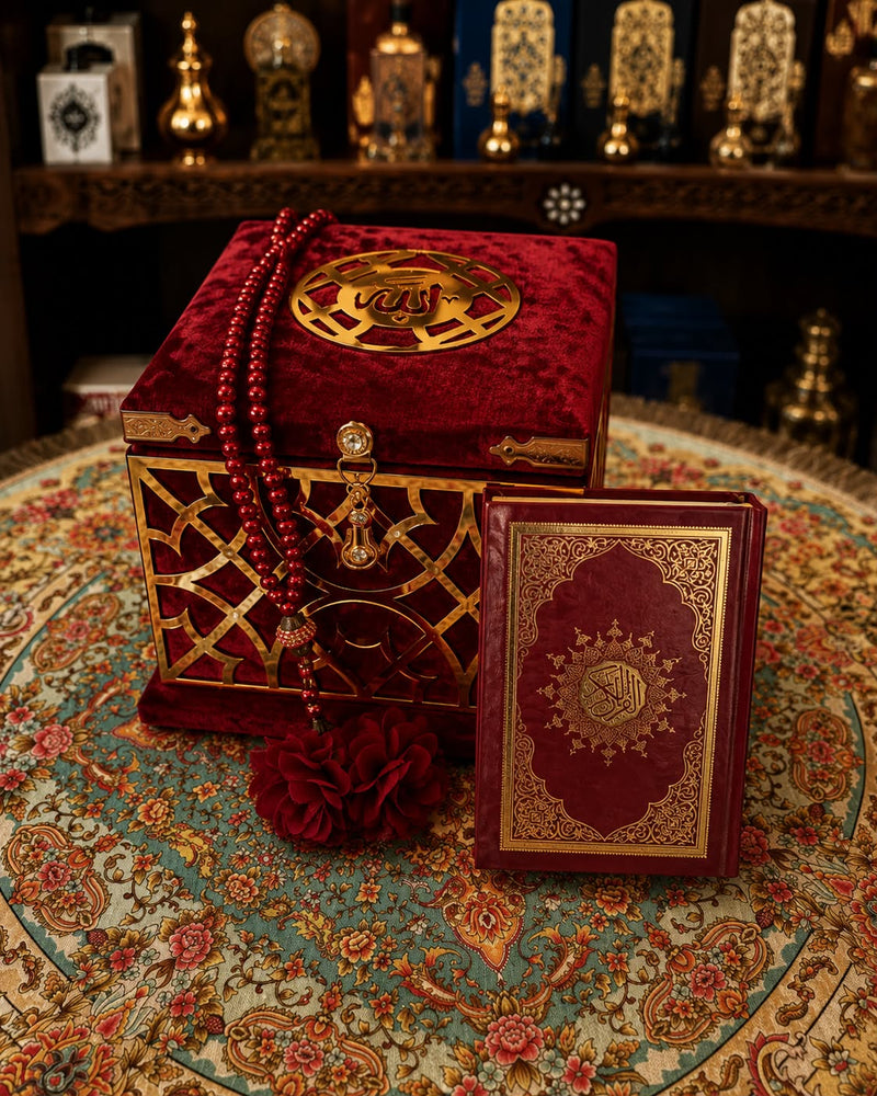 Small Velvet Quran Box Set 9 x 12cm (Quran,Beads)