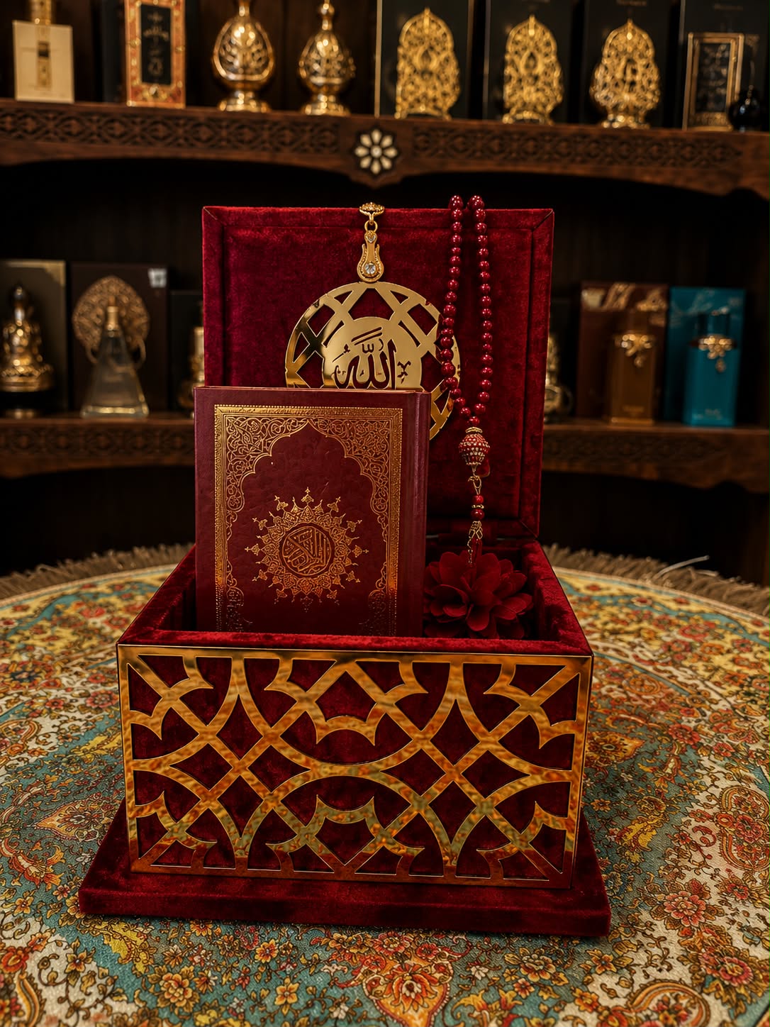 Small Velvet Quran Box Set 9 x 12cm (Quran,Beads)