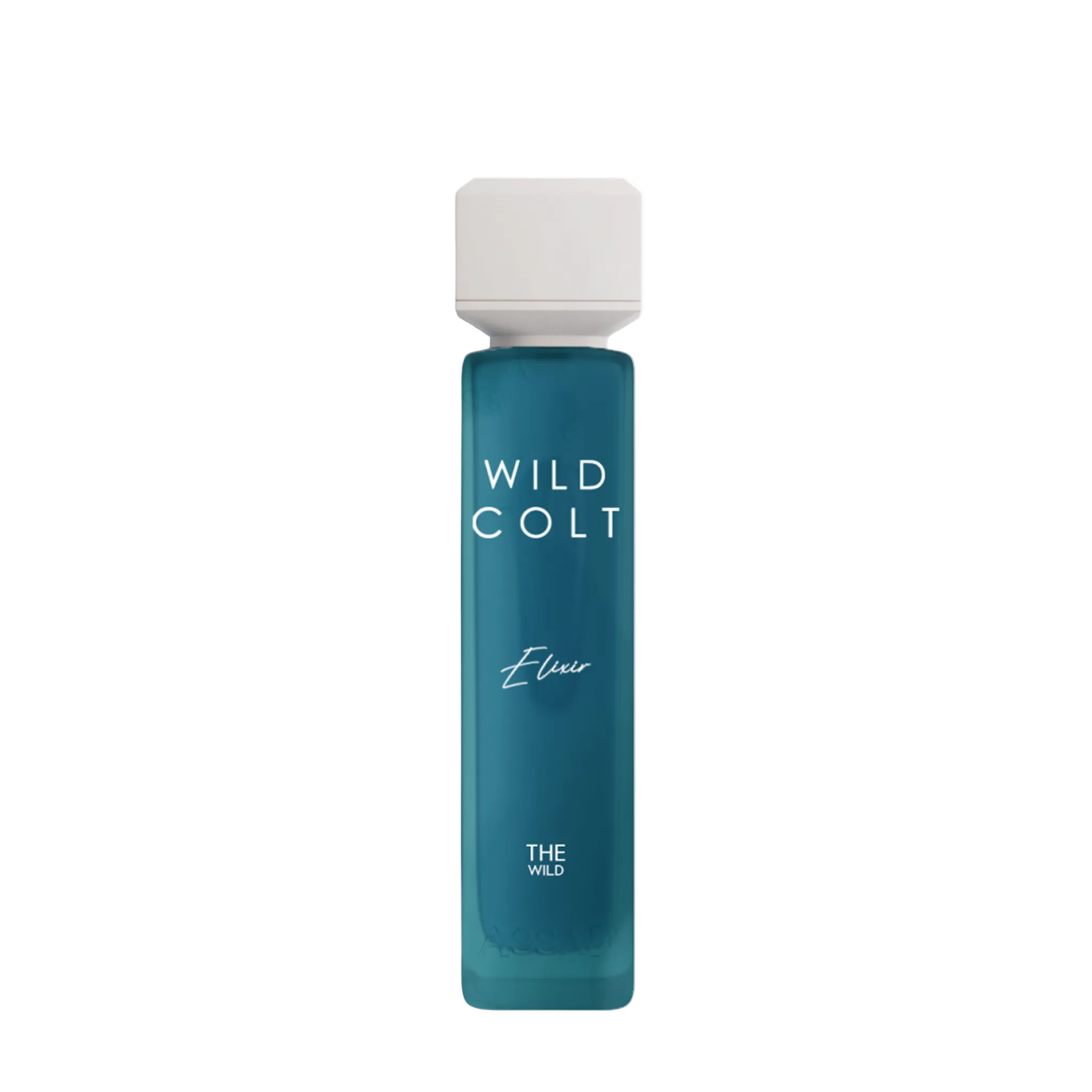 Wild Colt Elixir perfume bottle with teal glass body and white cap.