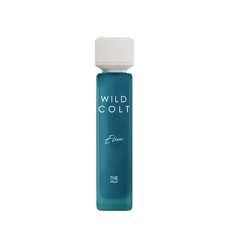 Wild Colt Elixir perfume bottle with teal glass body and white cap.