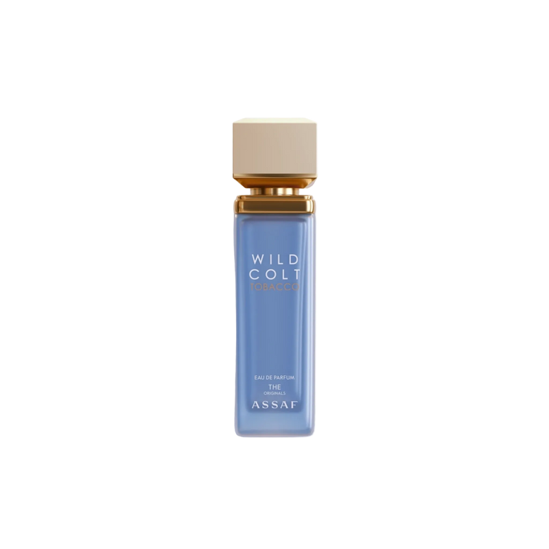 Assaf Wild Colt Tobacco Eau De Parfum bottle in soft blue glass with a beige square cap and gold collar.