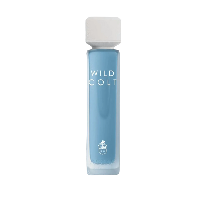 Assaf Wild Colt perfume bottle in slim blue glass with a square white cap.