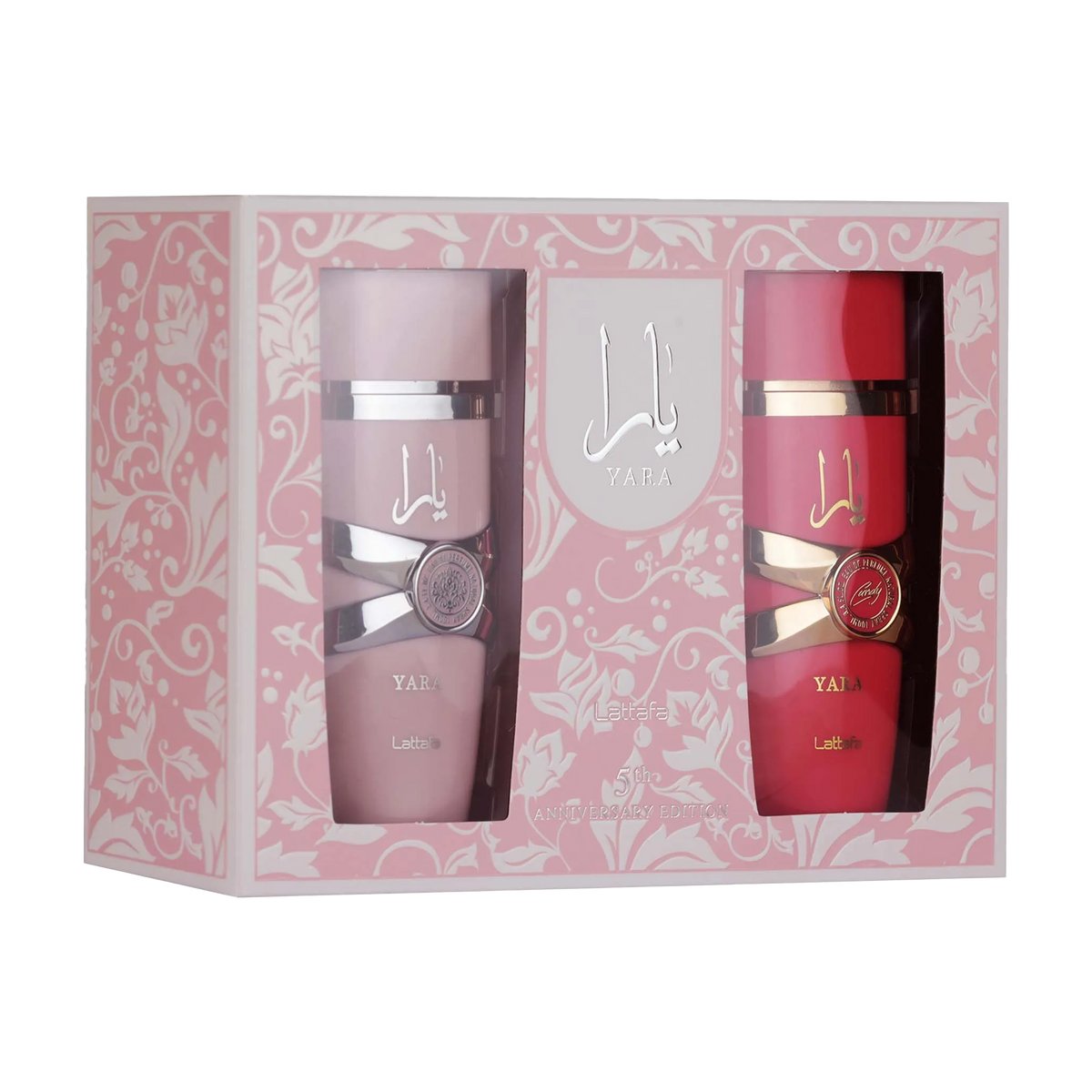 Lattafa Yara Perfume Gift Set, one in light pink and deep red, both with silver accents and embossed details.