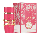 A pink cylindrical perfume bottle with gold accents and the Arabic name “Yara” in gold lettering, displayed alongside its matching pink box adorned with floral patterns and the Lattafa branding.