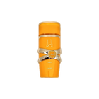 This image features a bright orange cylindrical perfume bottle with the name "YARA" from the brand Lattafa. 