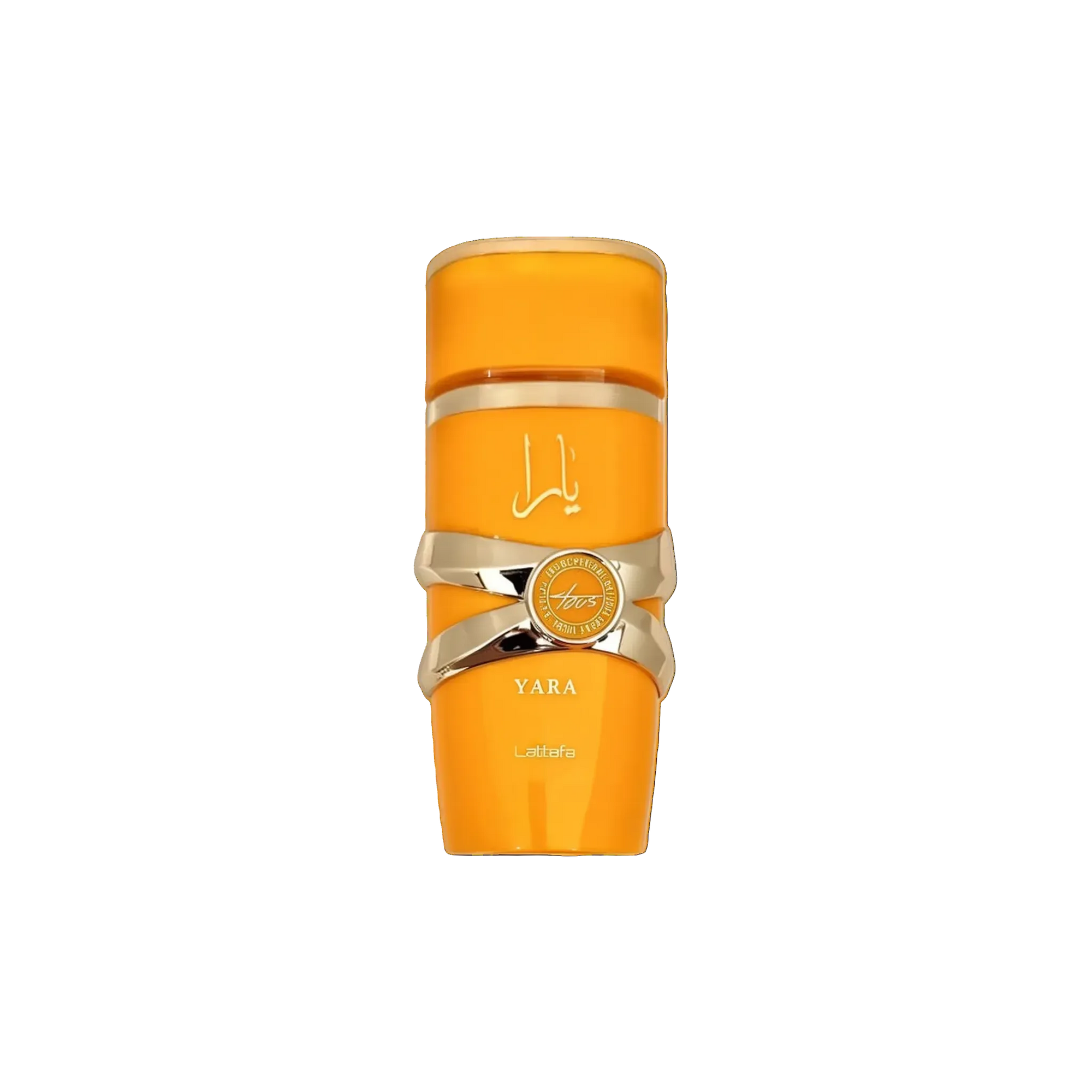 This image features a bright orange cylindrical perfume bottle with the name "YARA" from the brand Lattafa. 