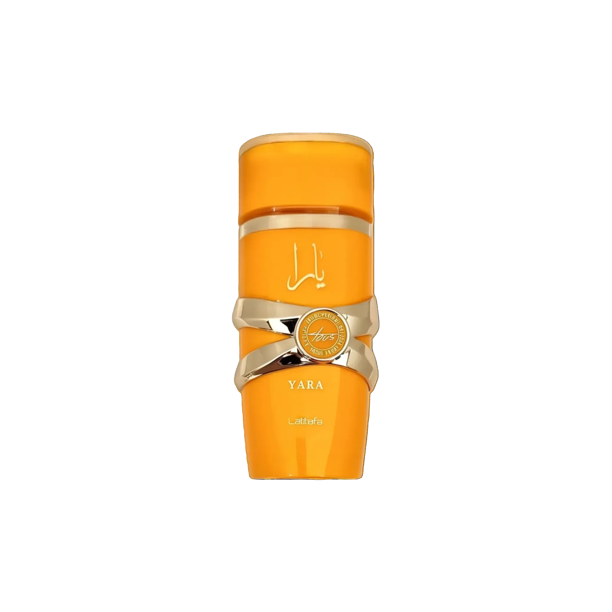 This image features a bright orange cylindrical perfume bottle with the name "YARA" from the brand Lattafa. 