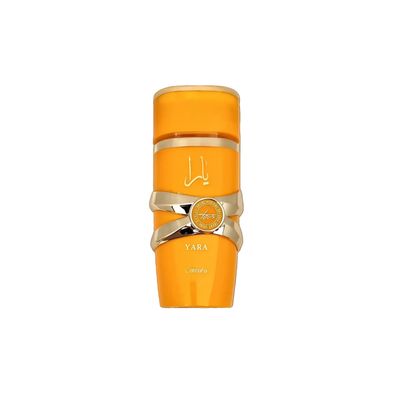 This image features a bright orange cylindrical perfume bottle with the name "YARA" from the brand Lattafa. 