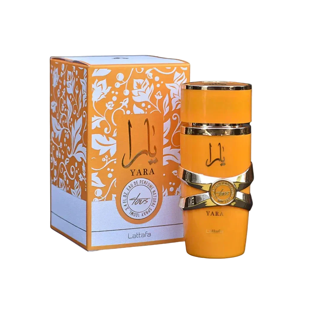 The image showcases an orange cylindrical perfume bottle labeled "YARA" by Lattafa next to its packaging. 
