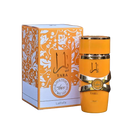 The image showcases an orange cylindrical perfume bottle labeled "YARA" by Lattafa next to its packaging. 