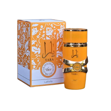 The image showcases an orange cylindrical perfume bottle labeled "YARA" by Lattafa next to its packaging. 