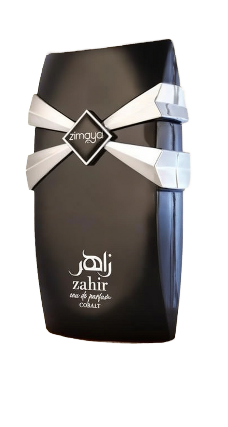 Zahir Cobalt Eau de Parfum by Zimaya. The image features a sleek, black perfume bottle with a distinctive silver X-shaped design near the top. The brand name 'Zimaya' is displayed on a diamond-shaped emblem in the center of the silver design. Below, the t