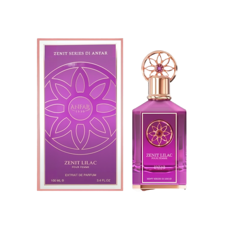 The image features a perfume product called "Zenit Lilac Pour Femme" by Anfar. The perfume bottle is a vibrant purple with a golden cap adorned with an intricate floral design and a central purple gem. The label on the bottle displays the name "Zenit Lila