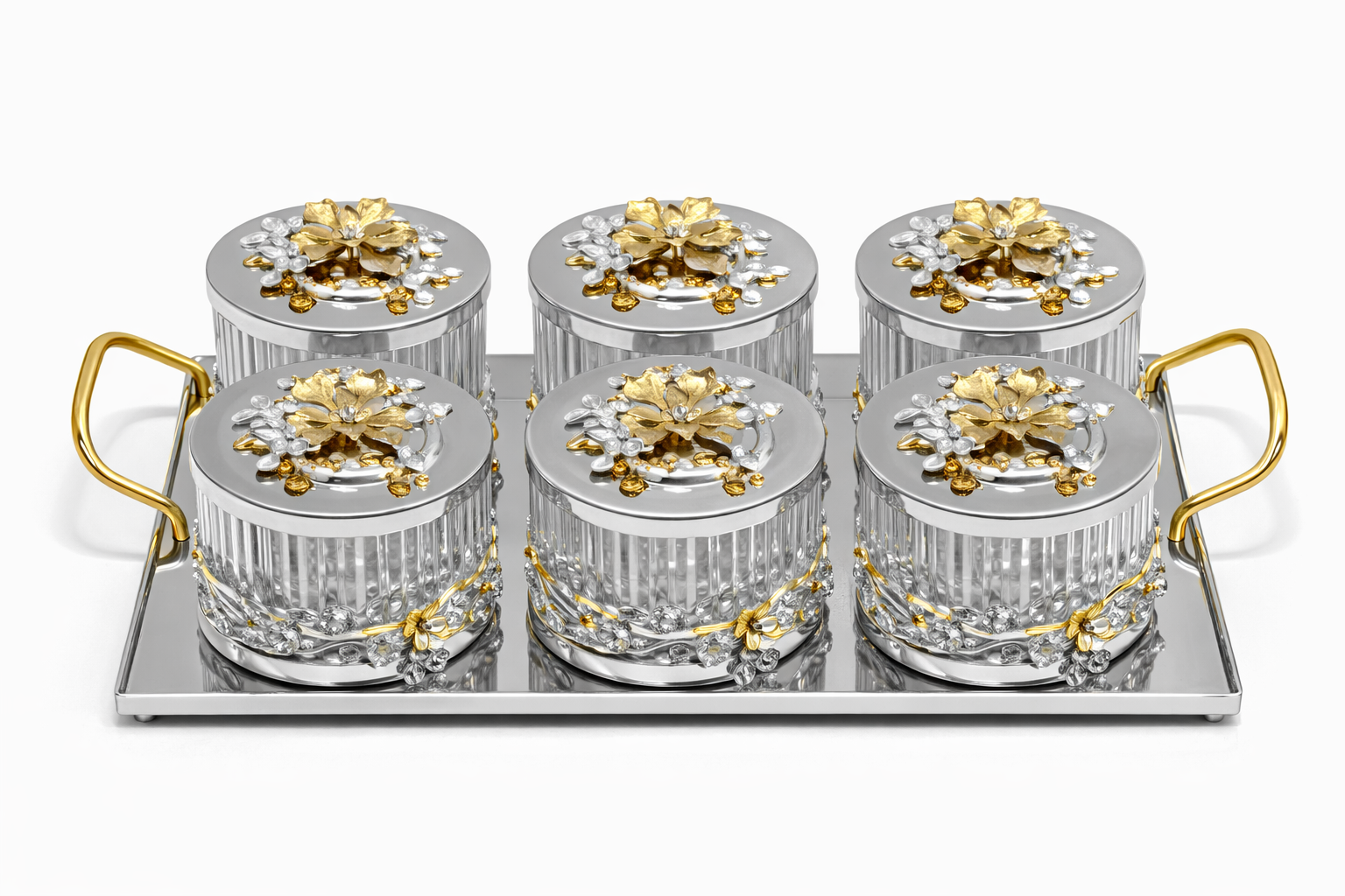 Luxury 6-Piece Crystal Treat Jar Set with Tray – Gold Lid Design
