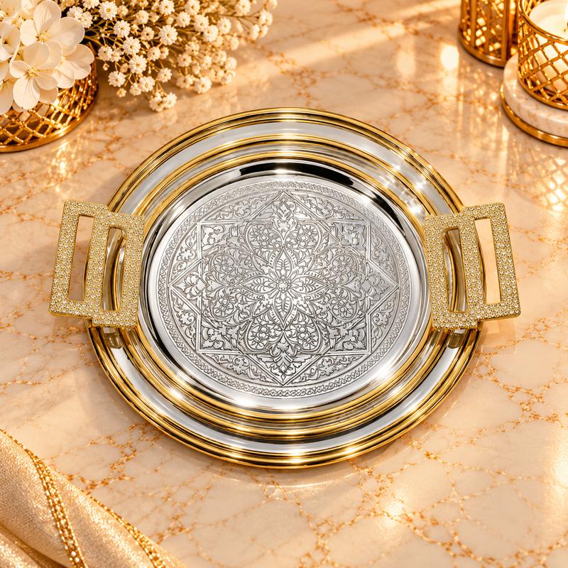 Luxury Round Gold & Silver Serving Tray with Handles