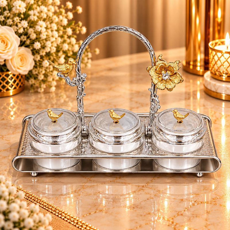 Luxury Crystal 3-Piece Candy Jar Set with Gold Bird Stand & Silver Tray
