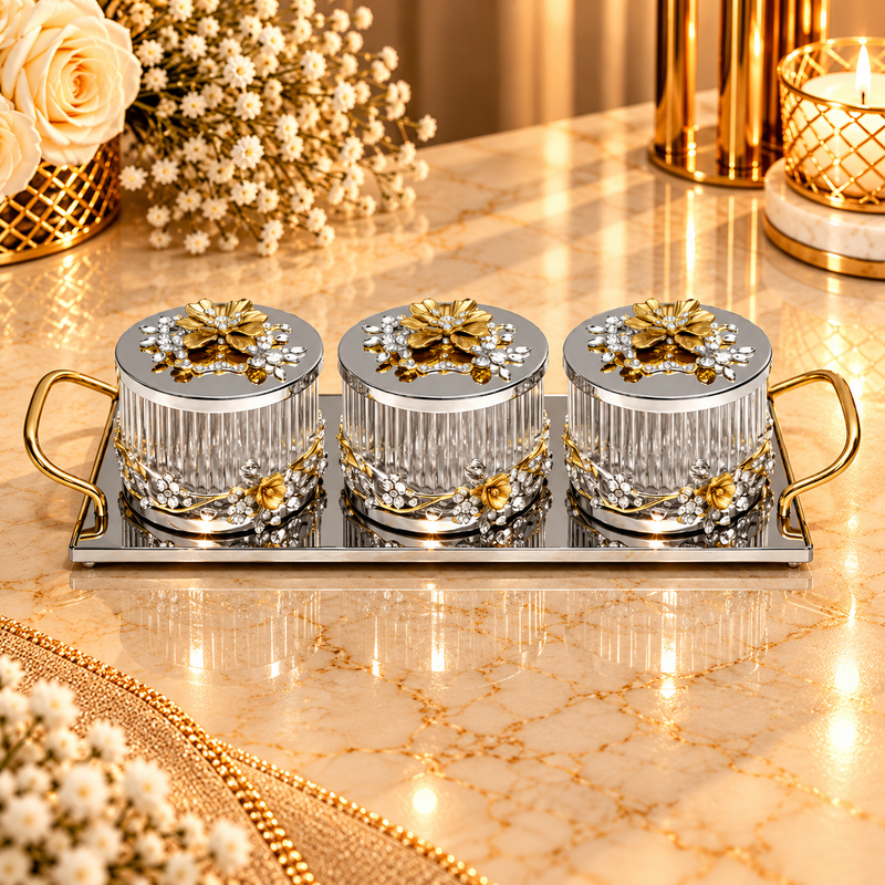 Luxury 3-Piece Crystal Treat Jar Set with Gold Tray