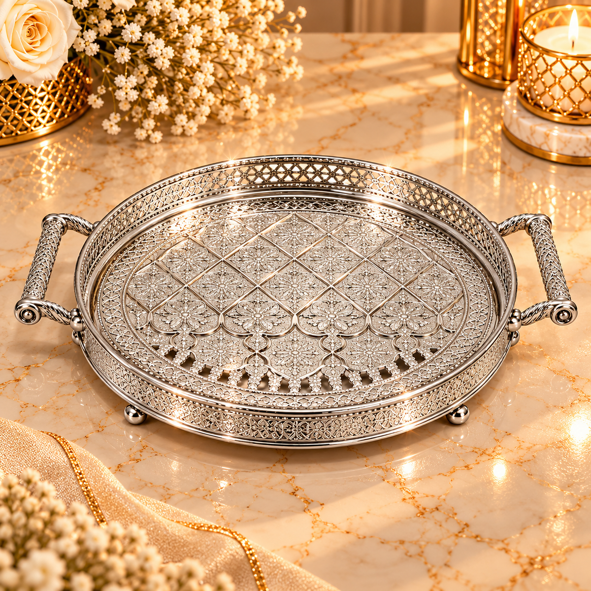 Luxury Round Mirrored Serving Tray with Crystal Handles – Silver Finish