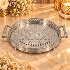Luxury Round Mirrored Serving Tray with Crystal Handles – Silver Finish
