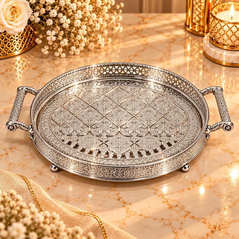 Luxury Round Mirrored Serving Tray with Crystal Handles – Silver Finish