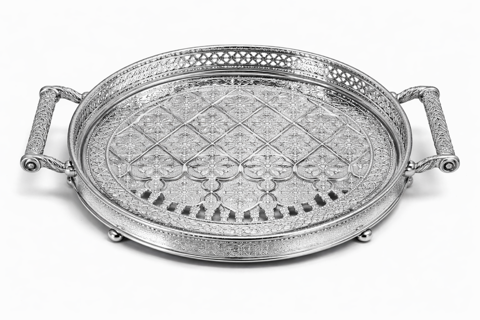 Luxury Round Mirrored Serving Tray with Crystal Handles – Silver Finish
