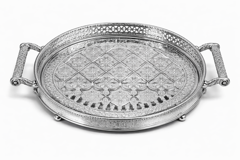 Luxury Round Mirrored Serving Tray with Crystal Handles – Silver Finish
