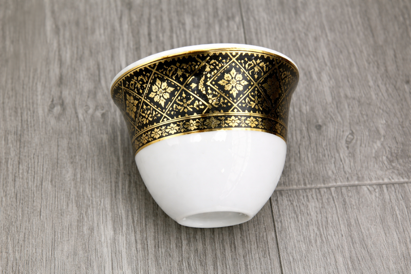 Luxury Black & Gold Coffee Cup – Baroque Pattern Design