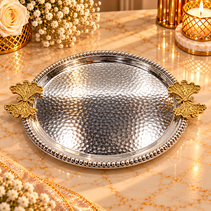Luxury Round Hammered Silver Tray with Decorative Handles