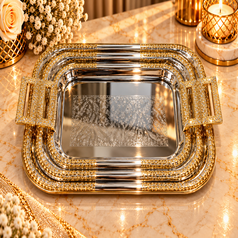 Luxury Gold & Silver Rectangular Serving Tray Set