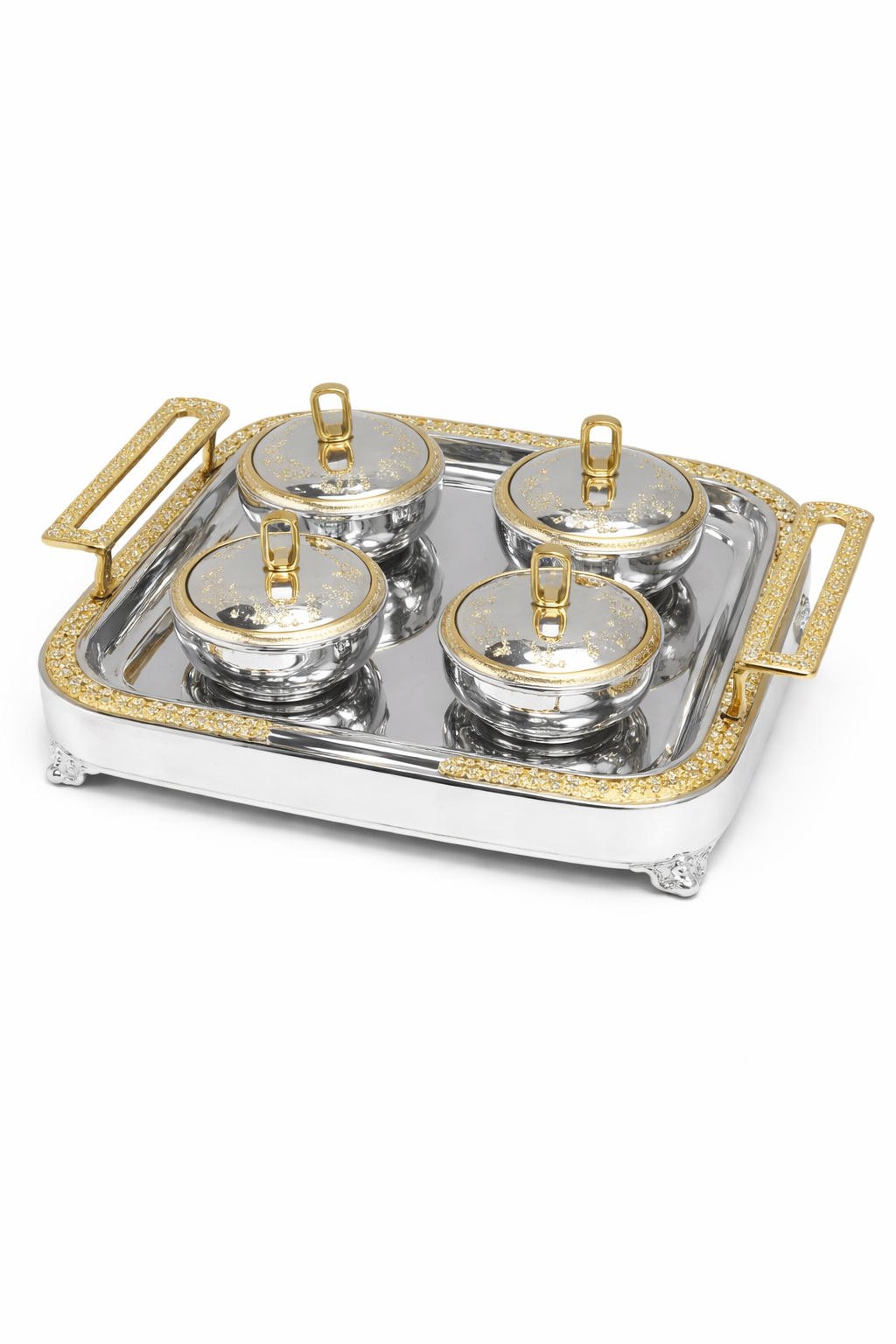 Luxury 4-Piece Crystal Treat Jar Set with Square Mirrored Gold Tray