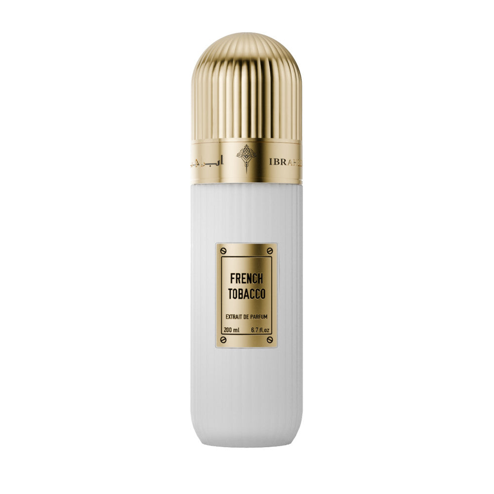 Ibraheem Al Qurashi French Tobacco perfume bottle with gold cap on white background.