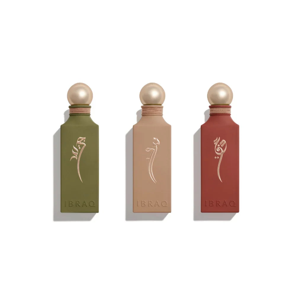 Three perfume bottles with gold caps and 'Ibrac' branding on a white background