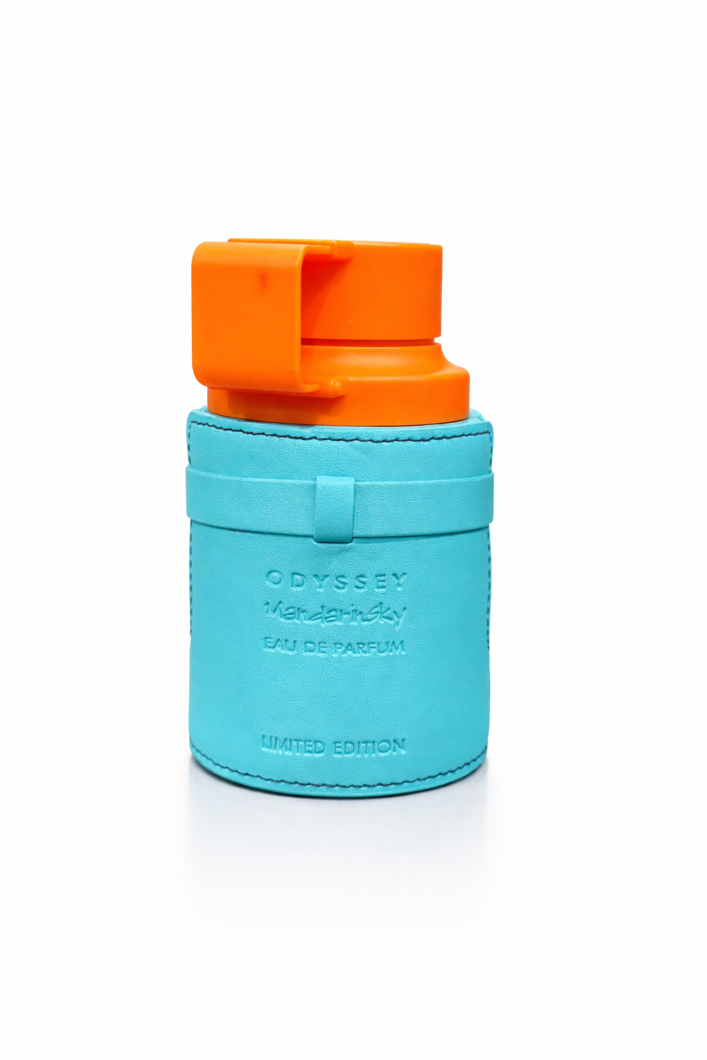 Odyssey MandarinSky Limited Edition perfume bottle featuring a turquoise leather cover with text and a vibrant orange cap.
