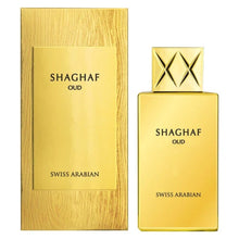 Shaghaf Oud perfume bottle and packaging with 'Swiss Arabian' branding on a white background