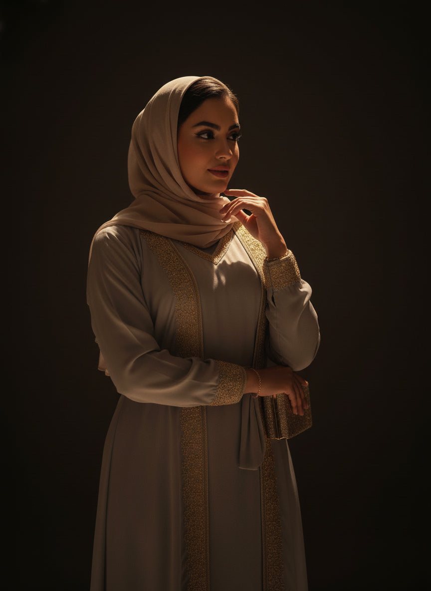 A woman in a taupe abaya with embroidered trim